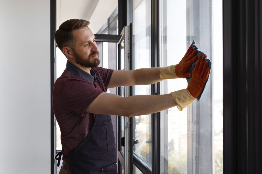 Man wischt die Fenster