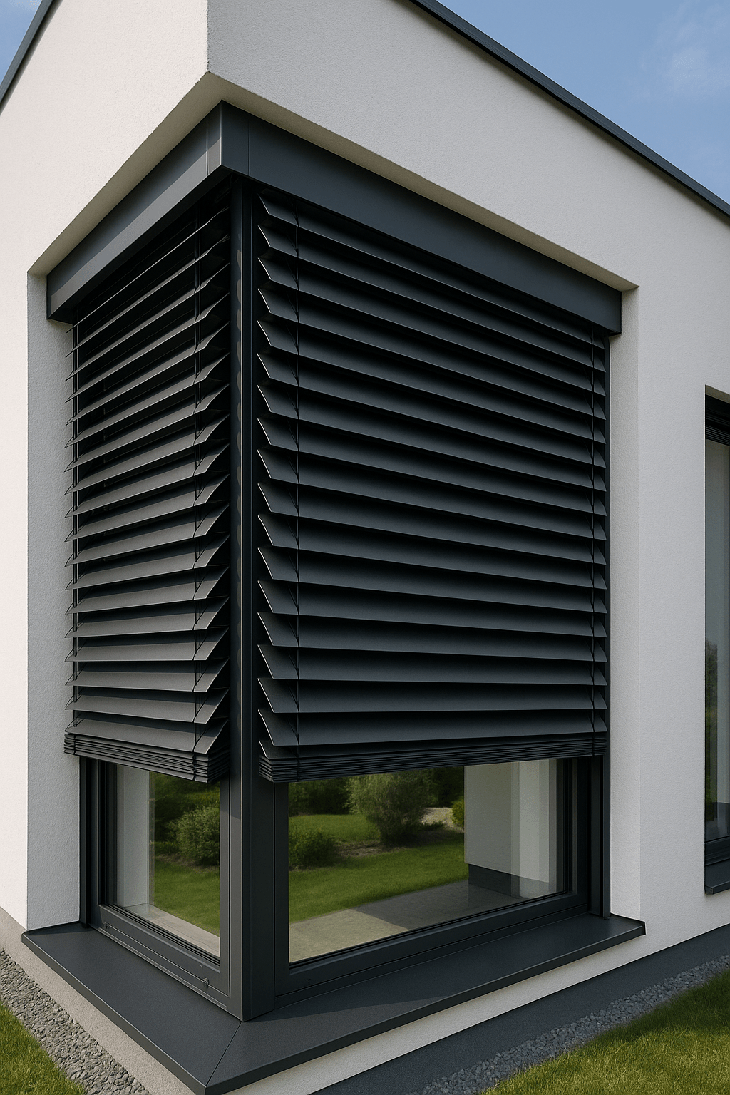 Anthrazitfarbene Außenjalousie an einem modernen Hausfenster