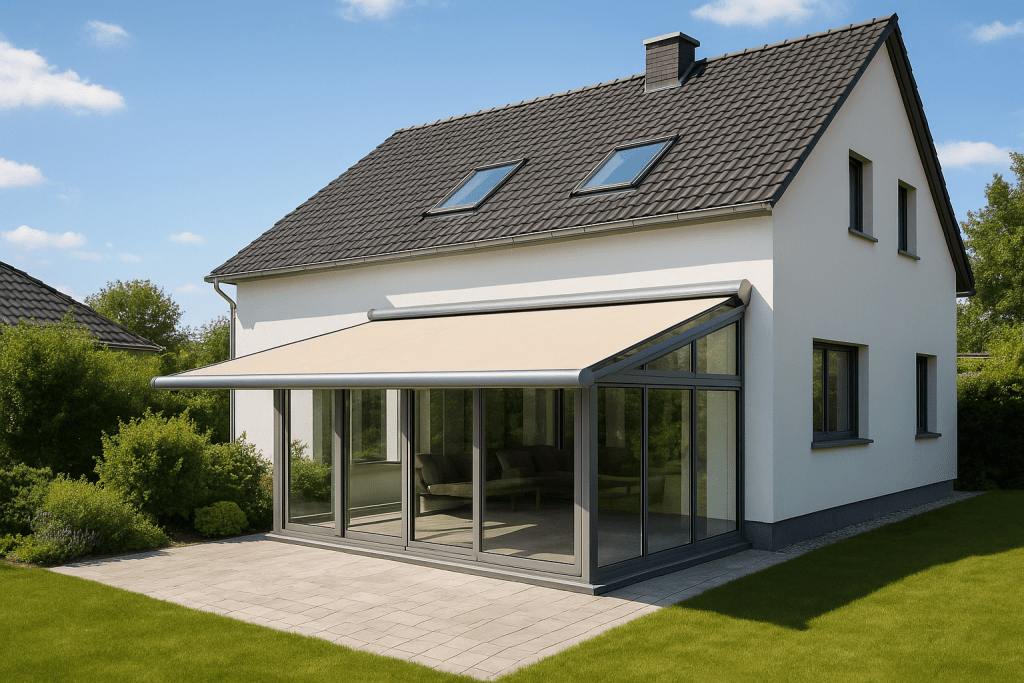 Einfamilienhaus mit Wintergarten und ausgefahrener Markise auf der Terrasse