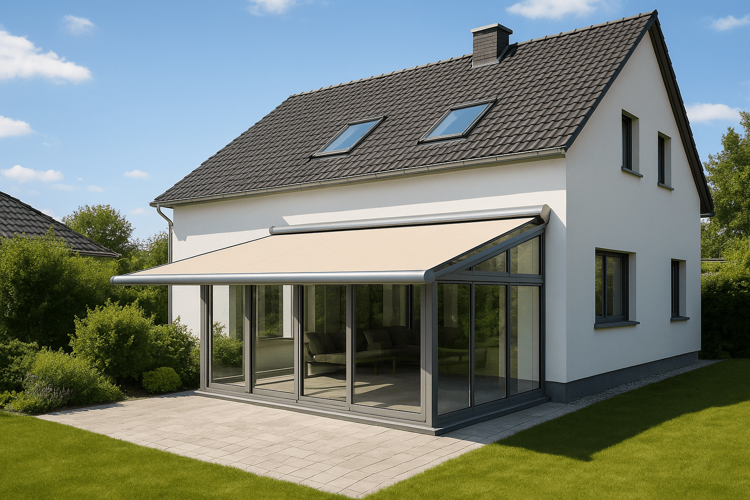 Einfamilienhaus mit Wintergarten und ausgefahrener Markise auf der Terrasse